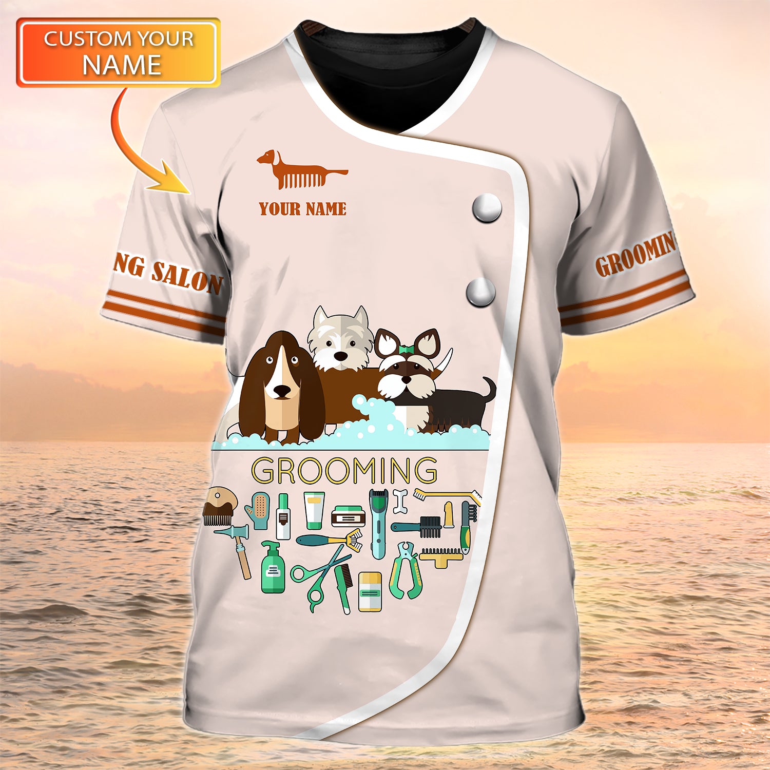 Grooming Salon Personalized Name 3D Tshirt 07 Dog Groomer Uniform Nbtt